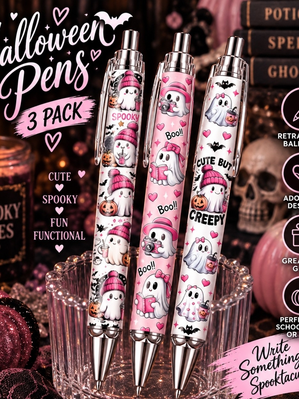 Halloween Ghost Ballpoint Pen Set - Pink (3 Pack)